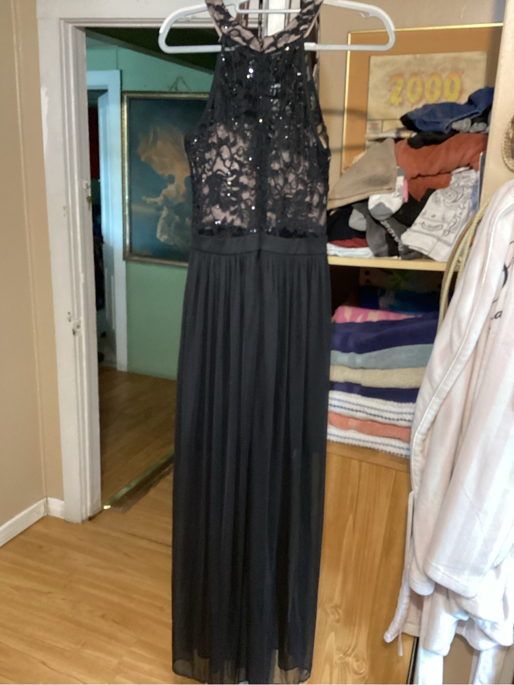 Morgan & Co. Black Sequined Lace Halter Maxi Gown
